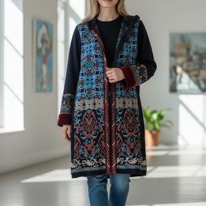 Soft Surrondings Bohemian Embroidered Beaded Open Front Hooded Duster Cardigan